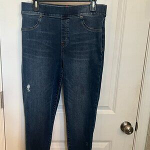 SPANX Women's DISTRESSED ANKLE SKINNY Size XL Dark Wash Shaping Raw Hem Jeans